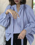 Women's Bow Stand Collar Blouse with Lantern Sleeves