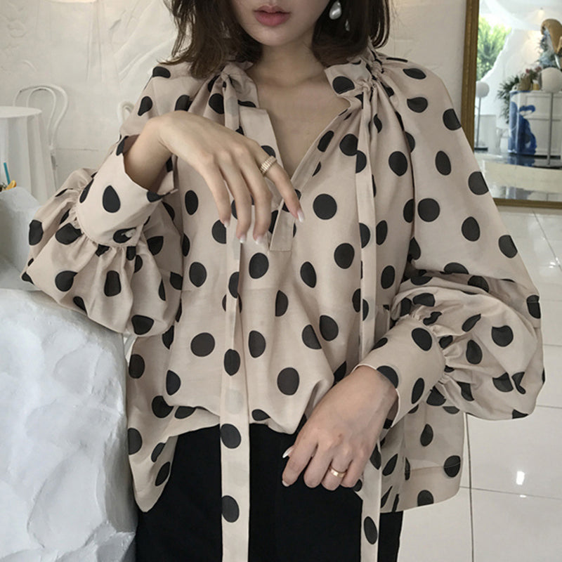 Women&#39;s Bow Stand Collar Blouse with Lantern Sleeves