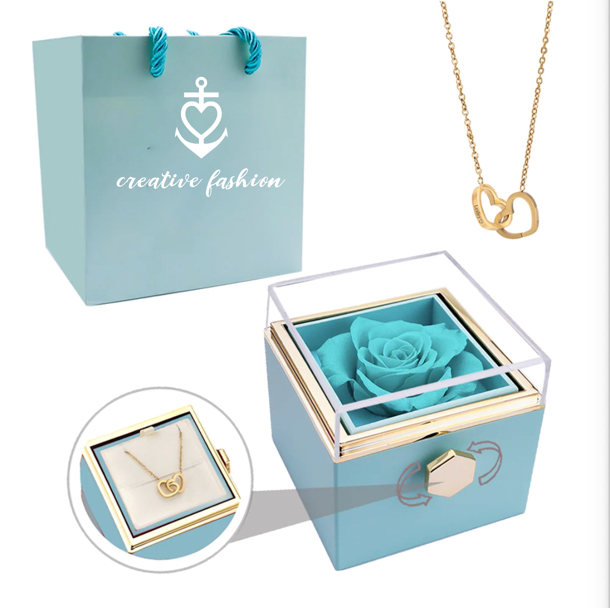 Eternal Rose Box and Engraved Necklace - Valentine&#39;s Day Gift for Her