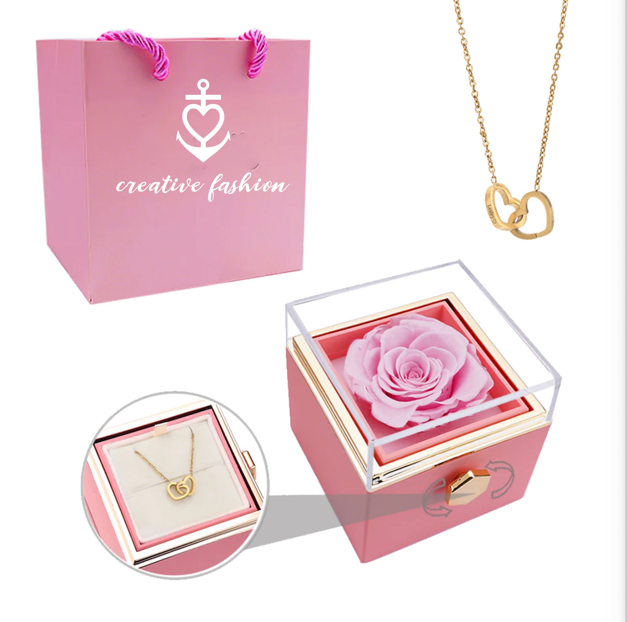 Eternal Rose Box and Engraved Necklace - Valentine&#39;s Day Gift for Her