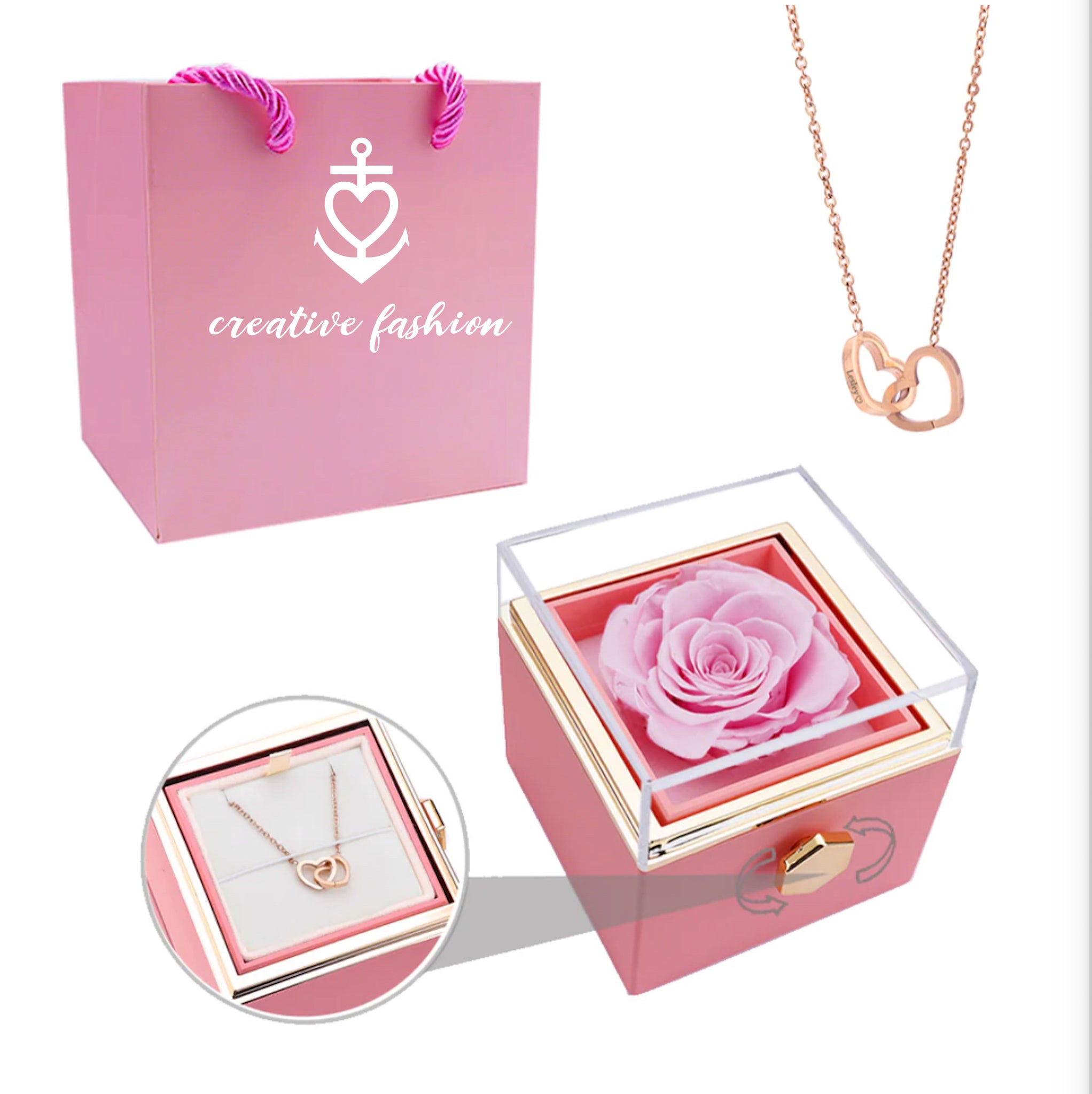 Eternal Rose Box and Engraved Necklace - Valentine&#39;s Day Gift for Her