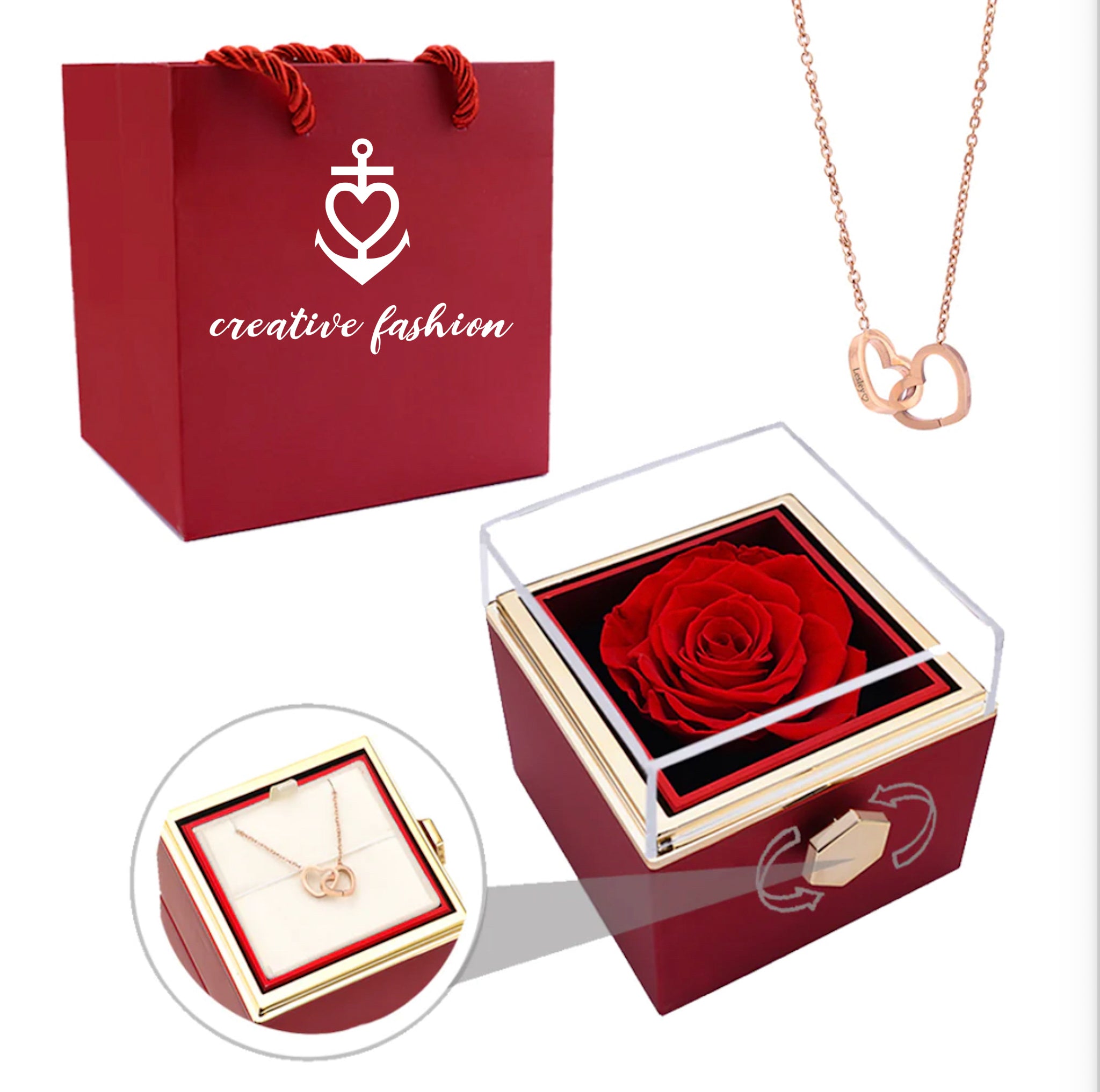 Eternal Rose Box and Engraved Necklace - Valentine&#39;s Day Gift for Her