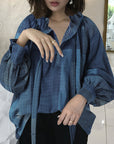 Women's Bow Stand Collar Blouse with Lantern Sleeves