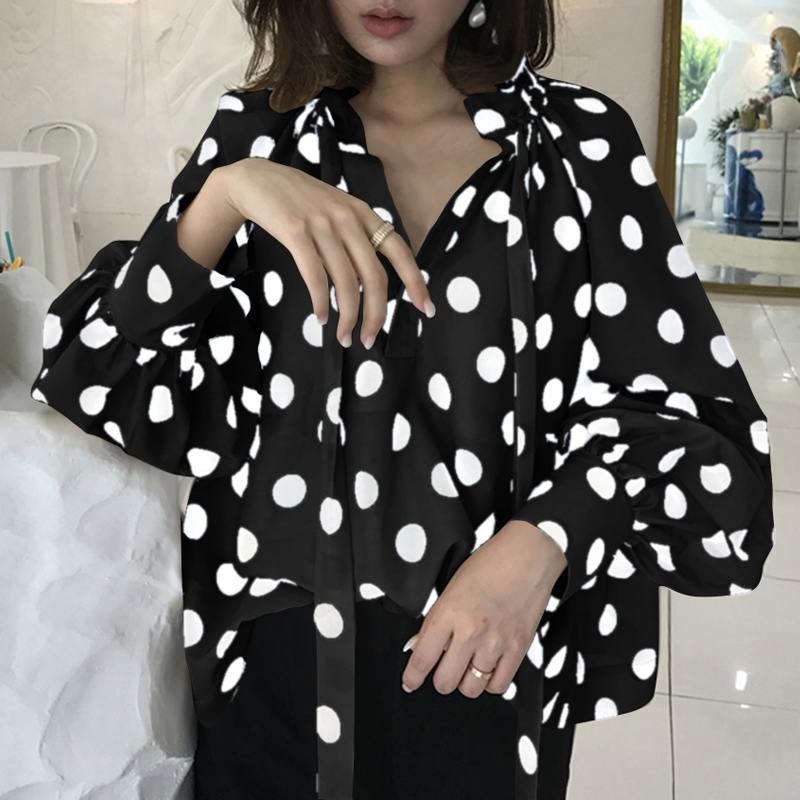 Women&#39;s Bow Stand Collar Blouse with Lantern Sleeves